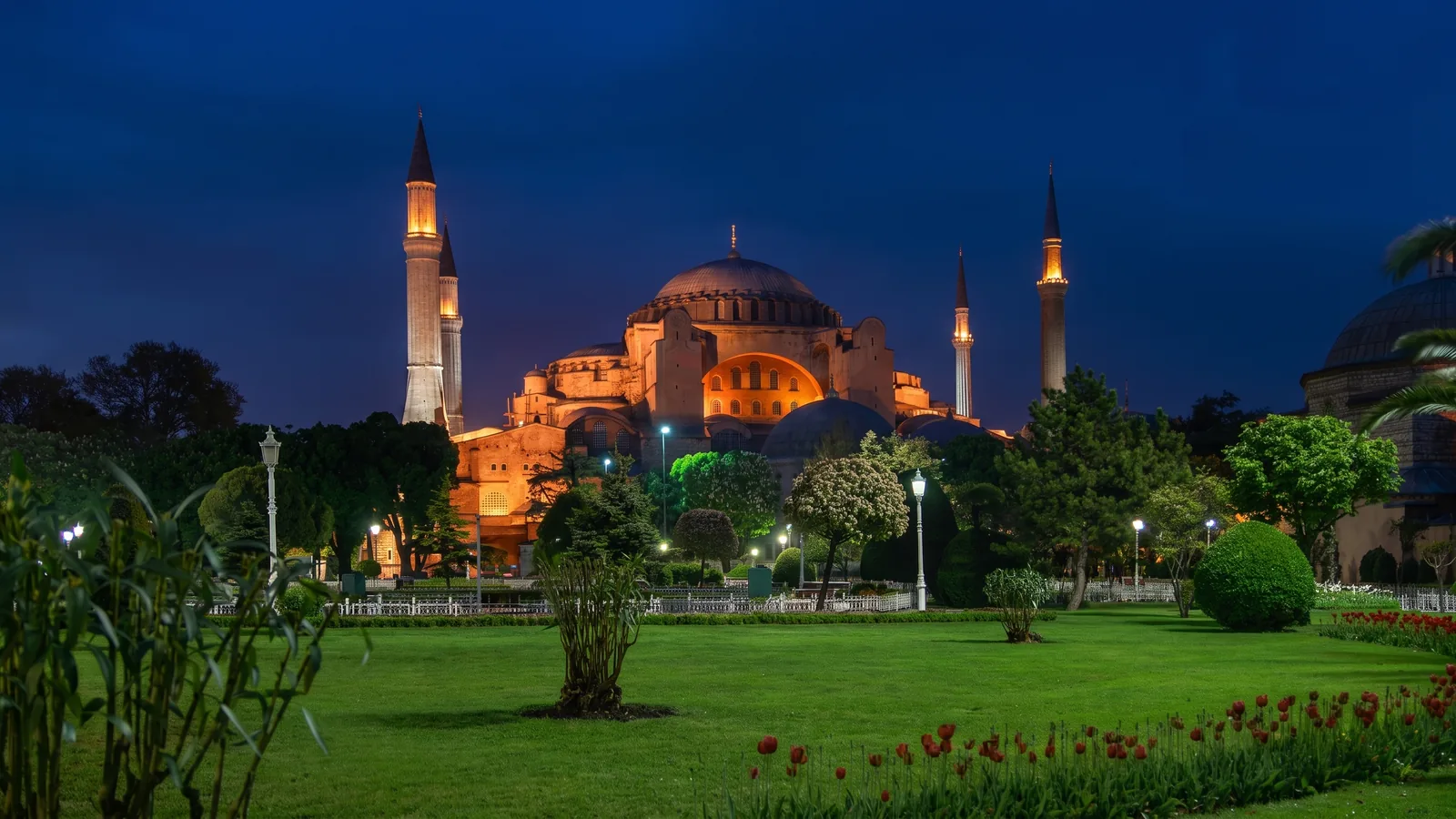 Hagia Sophia exterior illuminated at night from Sultanahmet Park