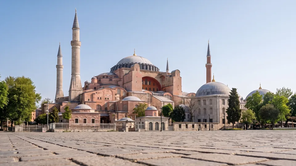 Hagia Sophia exterior across an empty stone square