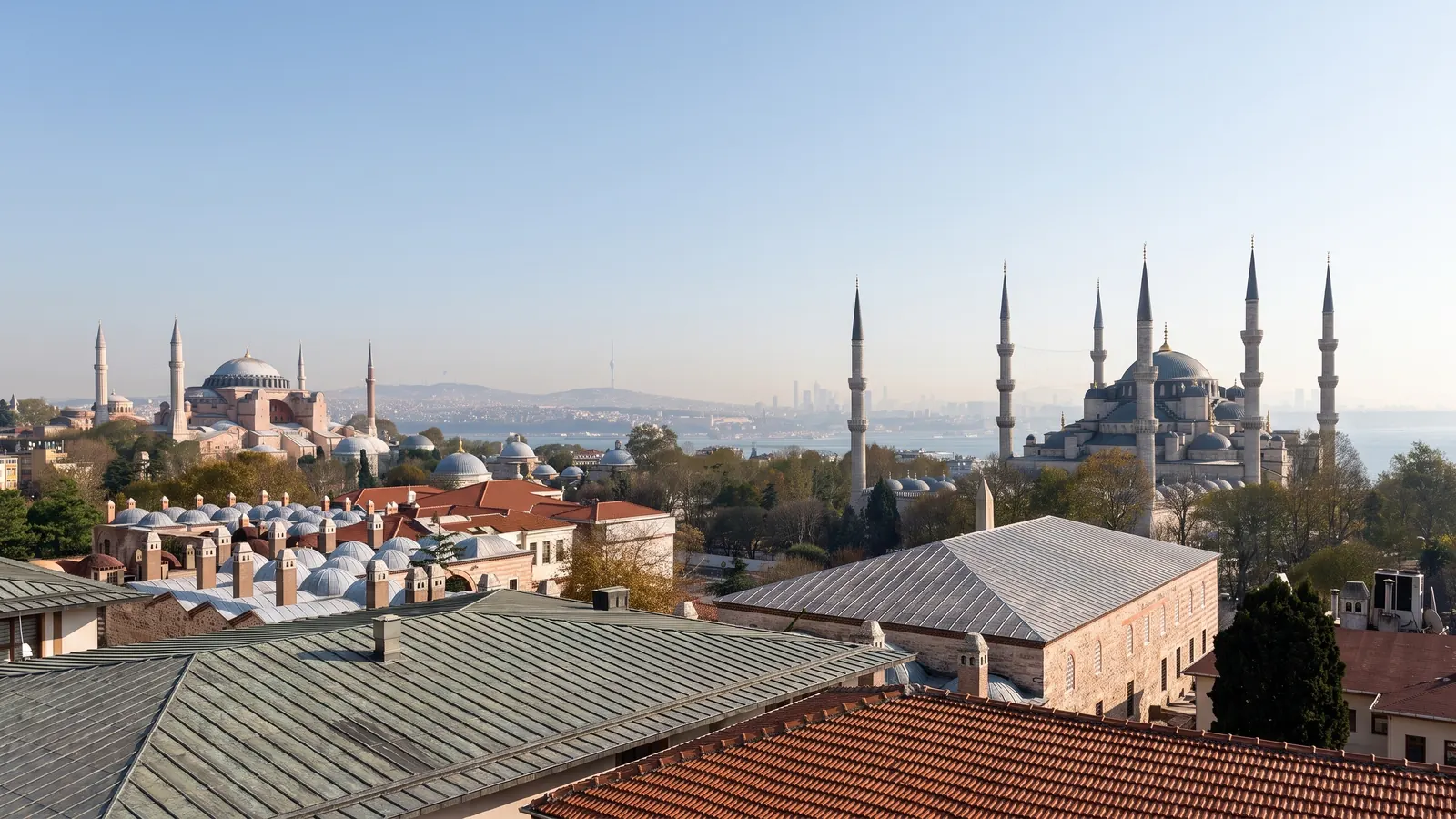 Elevated Old City panorama with Hagia Sophia on the left and the Blue Mosque on the right