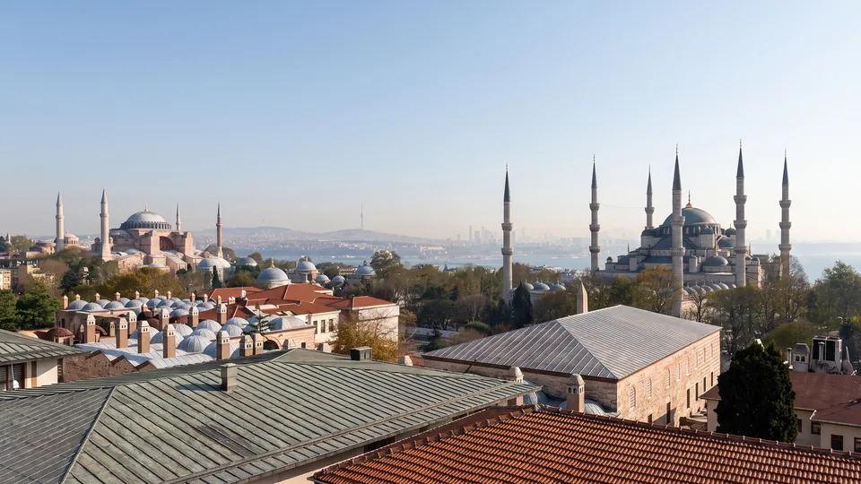 Elevated Old City panorama with Hagia Sophia on the left and the Blue Mosque on the right