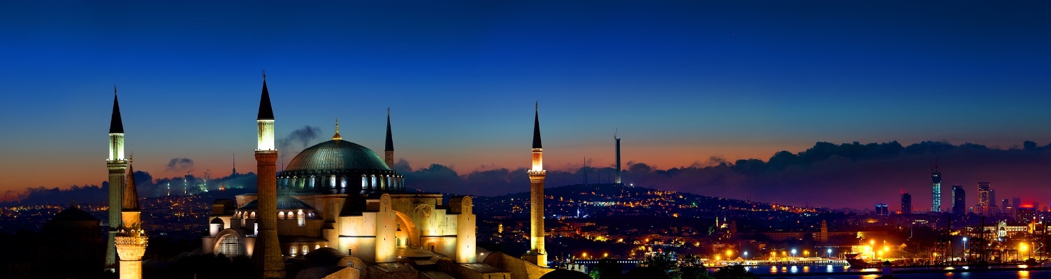 The old city skyline lit up at night