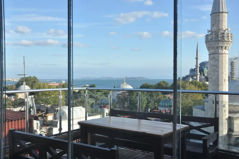 The rooftop terrace restaurant with the Old City beyond