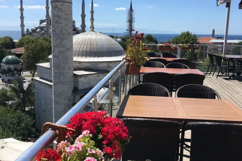 The open terrace with the Blue Mosque in view