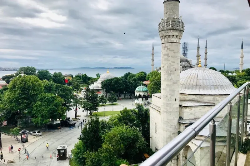 The Blue Mosque and the square below, from the rooftop