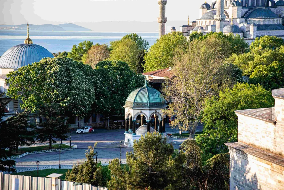The Blue Mosque, Sultanahmet Square and the Sea of Marmara seen from the rooftop terrace
