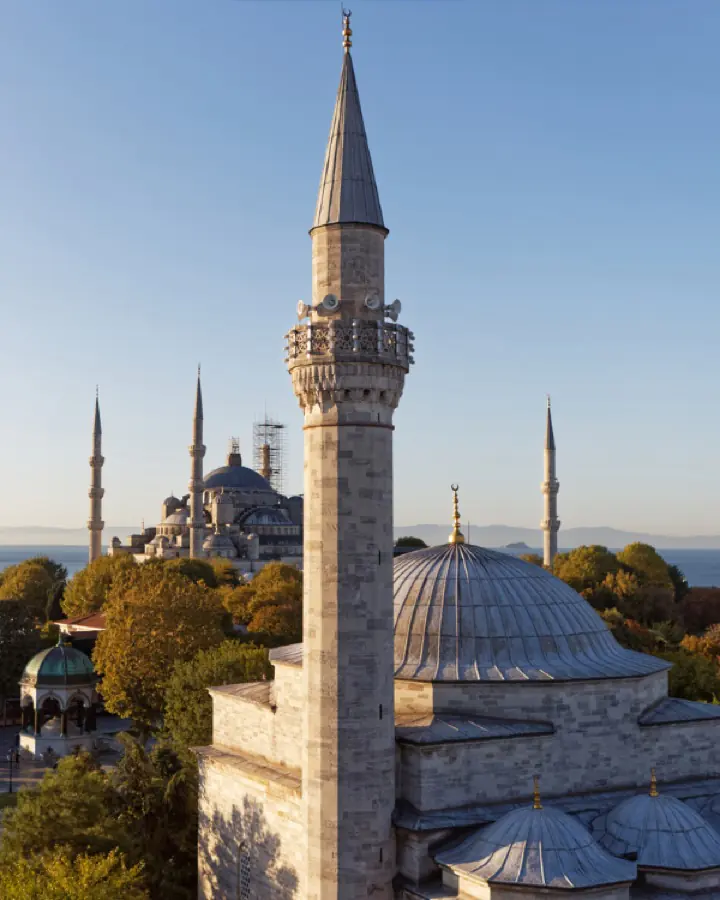 A Sultanahmet mosque glowing at golden hour
