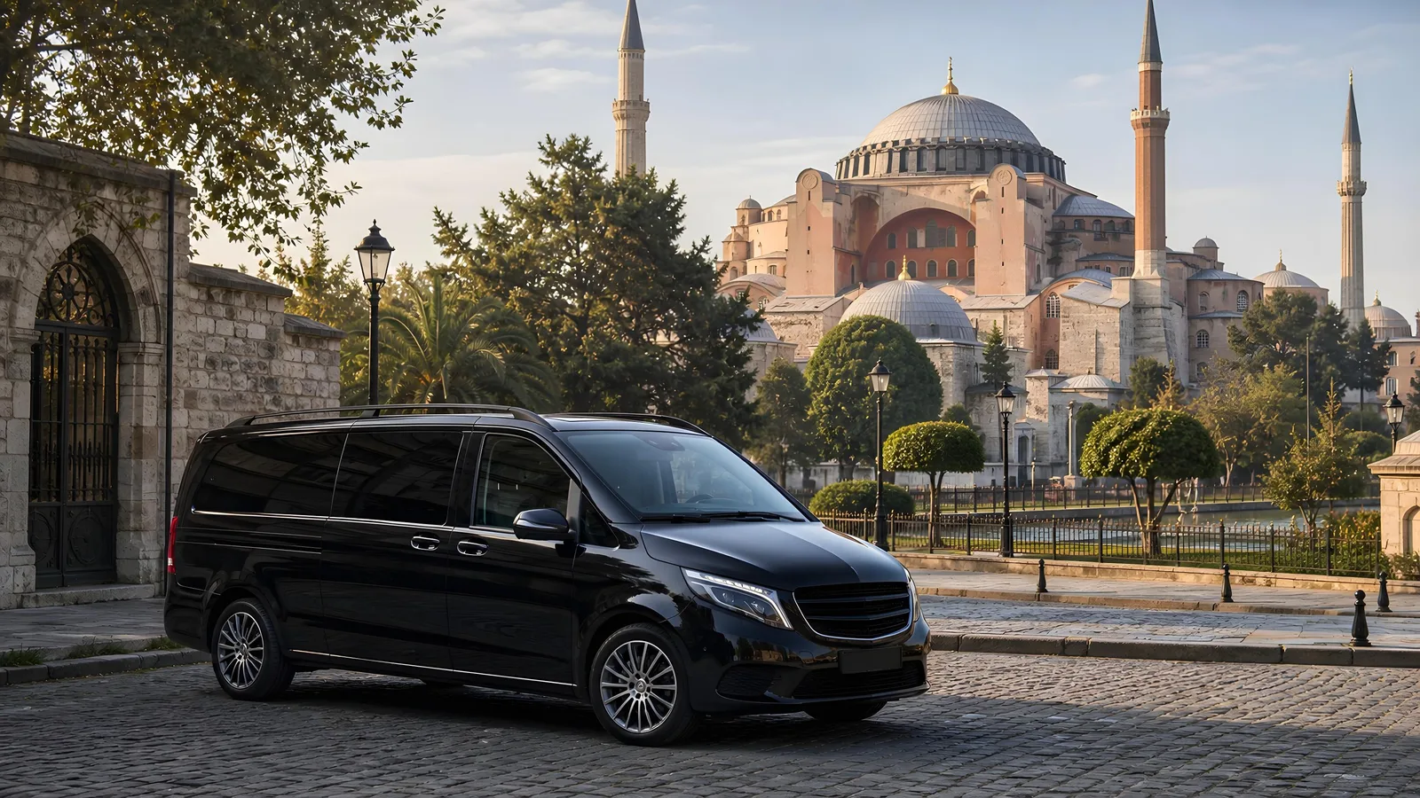 A private transfer van parked on the cobbles of Sultanahmet, Hagia Sophia behind